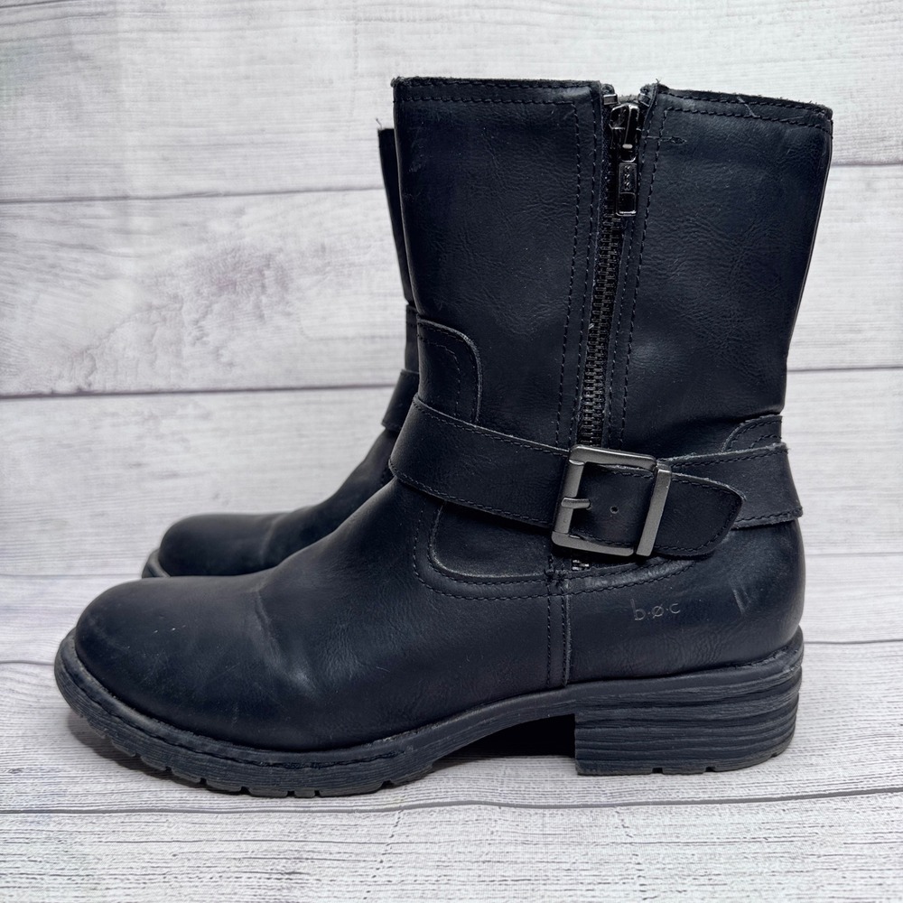 b.o.c. Born Concept Womens Black Moto Boots sz 9 Side Zip Buckle Strap Mid Calf